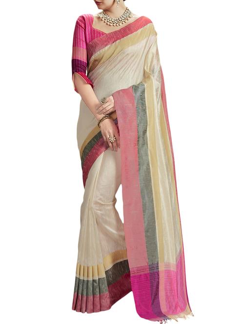 cream cotton silk bordered saree with blouse - 14649801 - Very Small Image - 1