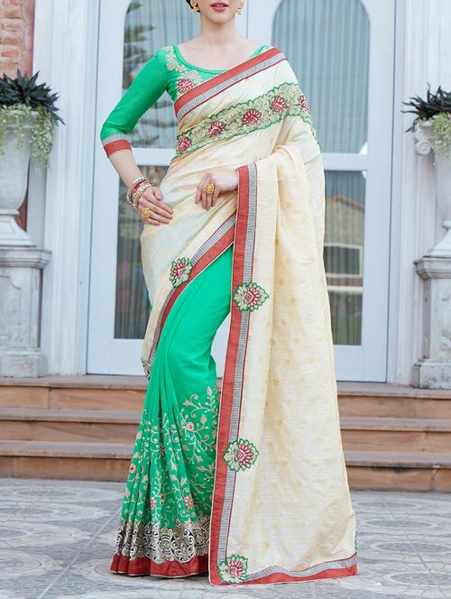 green georgette embroidered saree with blouse - 14651834 - Very Small Image - 1