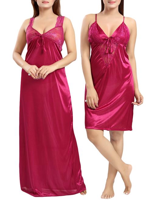 set of 2 pink satin gown & nighty - 14652415 - Very Small Image - 1