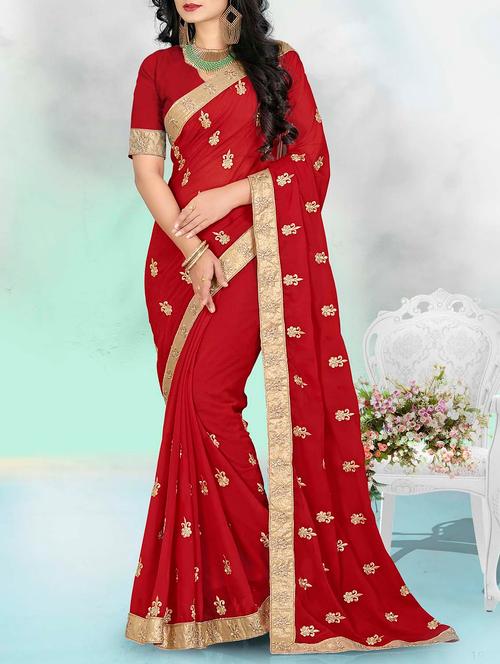 red georgette embroidered saree with blouse - 14654398 - Very Small Image - 1