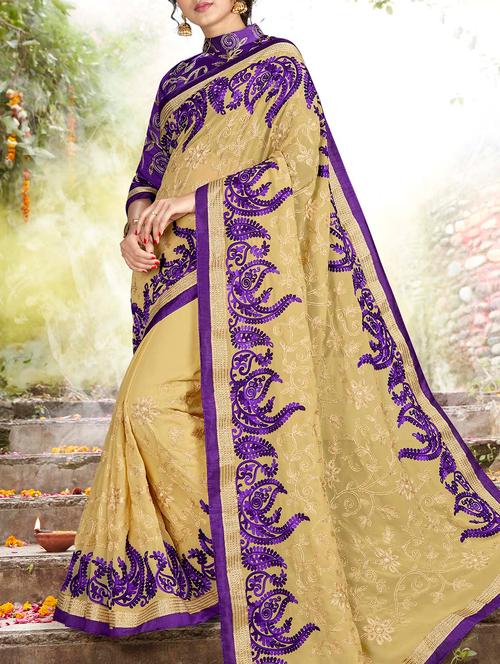 beige georgette embroidered saree with blouse - 14654409 - Very Small Image - 1