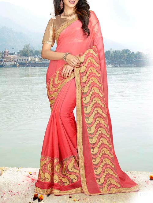 pink georgette embroidered saree with blouse - 14654416 - Very Small Image - 1