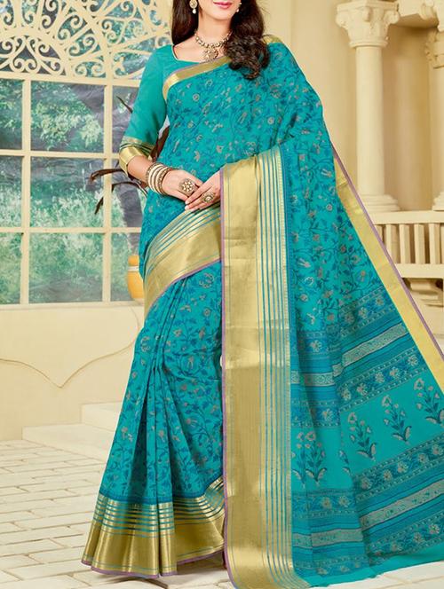 kalamkari turquoise printed saree with blouse - 14658329 - Very Small Image - 1