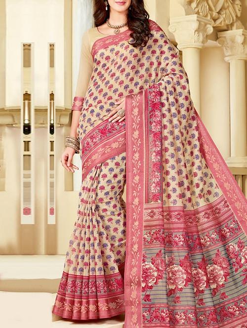 beige cotton printed saree with blouse - 14658339 - Very Small Image - 1