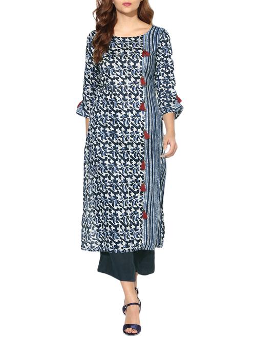 blue cotton straight indigo kurta - 14662225 - Very Small Image - 1