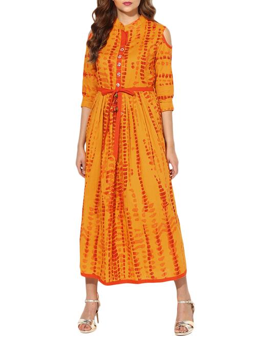 yellow cotton fusion kurta - 14662234 - Very Small Image - 1