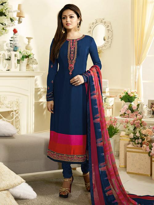 embroidered semi-stitched churidaar suit - 14663252 - Very Small Image - 1