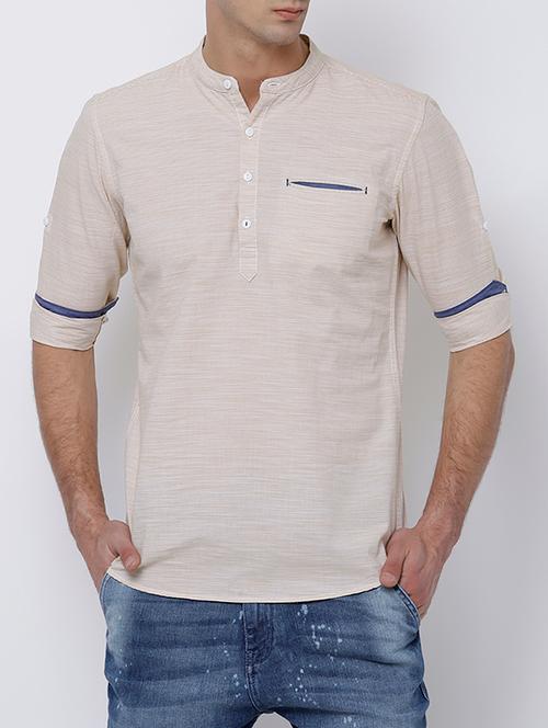 beige cotton short kurta - 14664086 - Very Small Image - 1