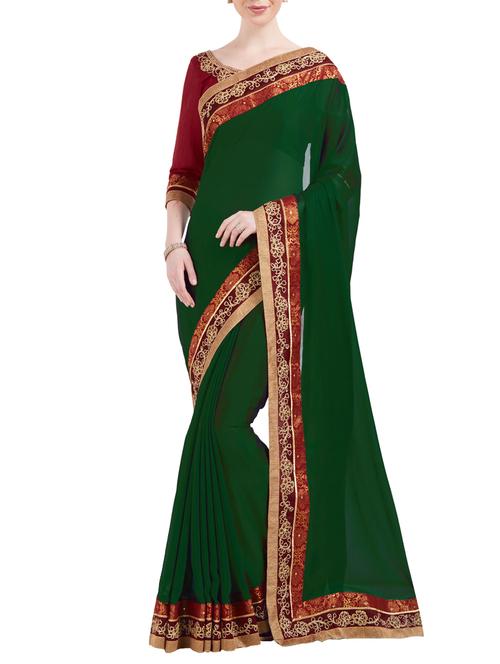 green chiffon embroidered bordered saree with blouse - 14664427 - Very Small Image - 1