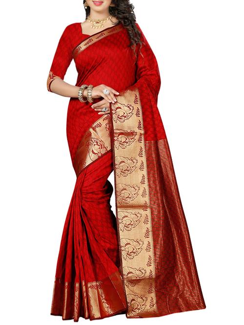red poly cotton woven saree with blouse - 14667093 - Very Small Image - 1