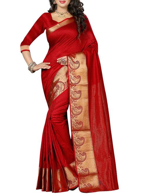 red poly cotton woven saree with blouse - 14667105 - Very Small Image - 1