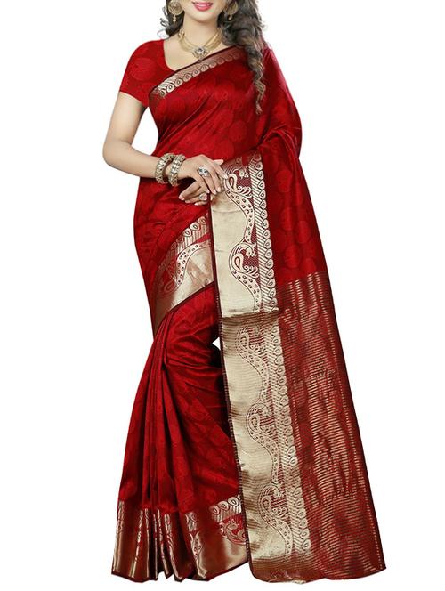 red poly cotton woven saree with blouse - 14667110 - Very Small Image - 1