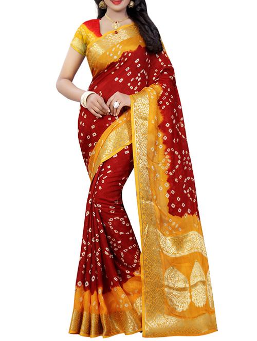 red & yellow poly cotton bandhani saree with blouse - 14667137 - Very Small Image - 1
