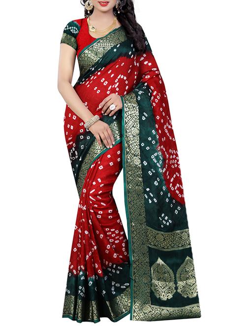 red & green poly cotton bandhani saree with blouse - 14667142 - Very Small Image - 1
