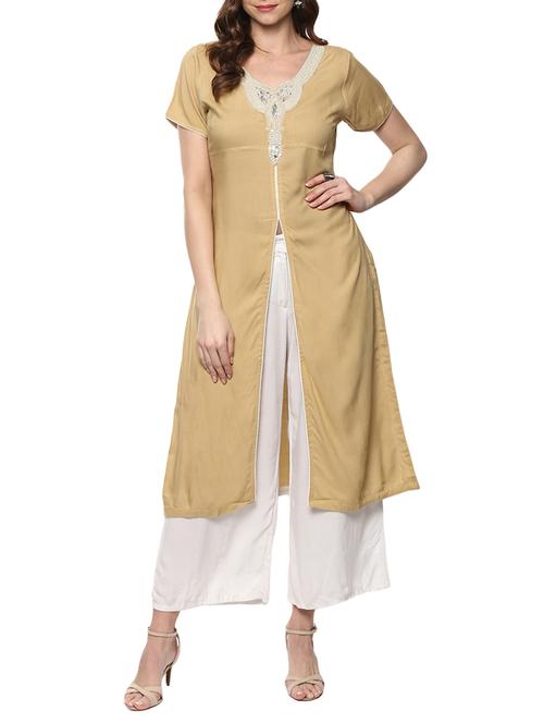 beige rayon high slit  kurta - 14668952 - Very Small Image - 1