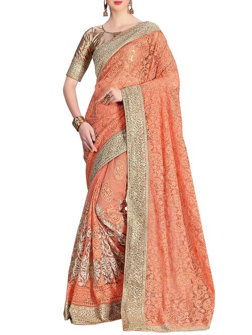 peach net embroidered saree with blouse - 14671070 - Very Small Image - 1