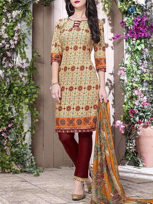 beige cotton unstitched straight pant suit - 14671831 - Very Small Image - 1