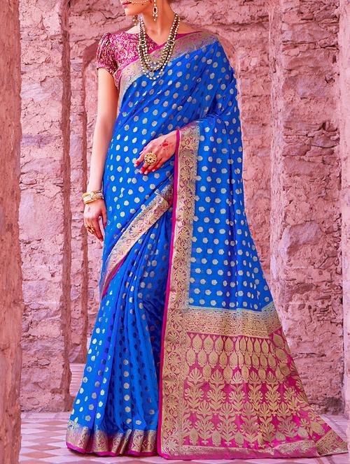 blue silk blend woven saree with blouse - 14671940 - Very Small Image - 1