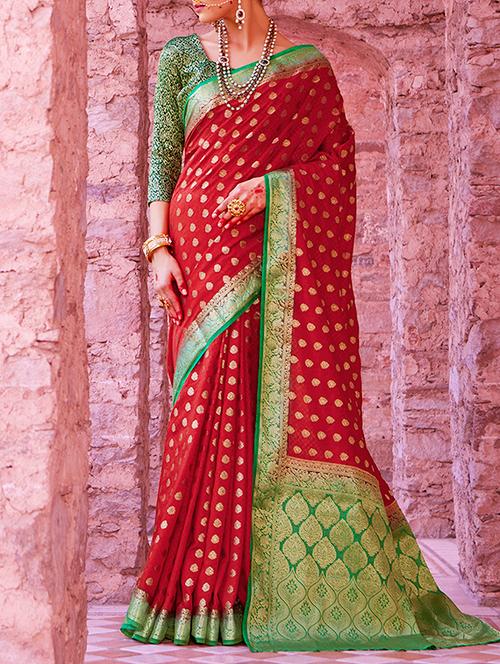 red silk blend woven saree with blouse - 14672006 - Very Small Image - 1
