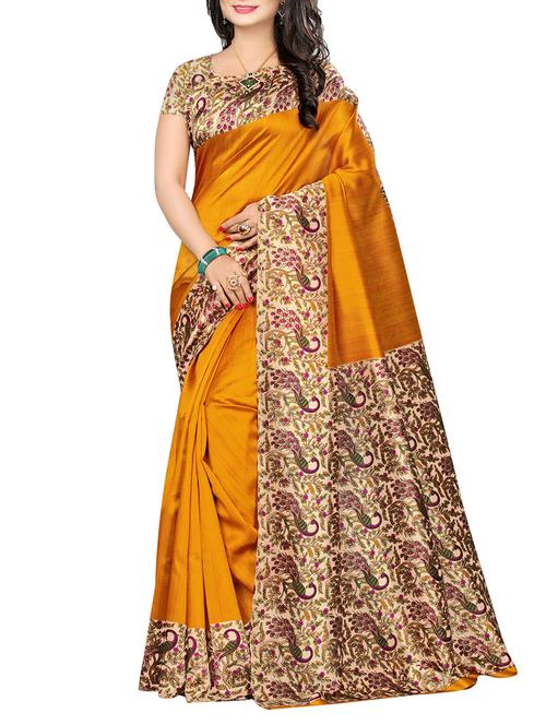 yellow silk printed saree with blouse - 14674598 - Very Small Image - 1