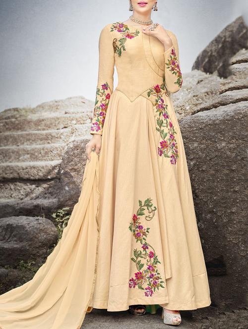 cream silk flared semi-stitched suit - 14675278 - Very Small Image - 1