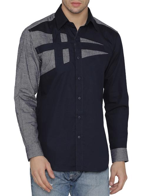 navy blue color block casual shirt - 14683096 - Very Small Image - 1