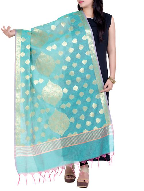 blue chanderi zari woven dupatta - 14703740 - Very Small Image - 1