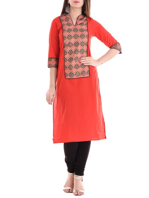 red cotton straight kurta - 14715221 - Very Small Image - 1