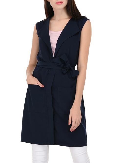 navy blue sleeveless front tie up drape shrug - 14721674 - Very Small Image - 1