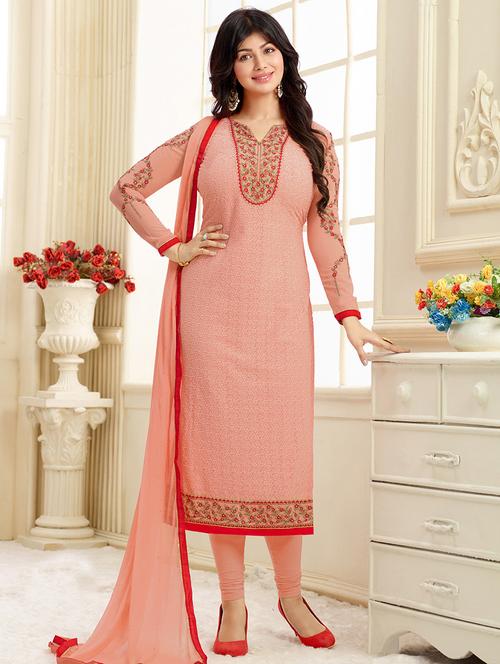 pink georgette semi-stitched churidaar suit - 14736182 - Very Small Image - 1
