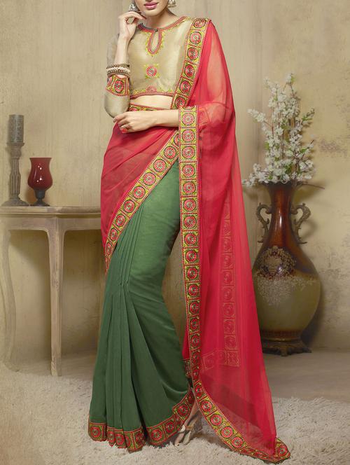 red viscose half and half saree with blouse - 14739422 - Very Small Image - 1