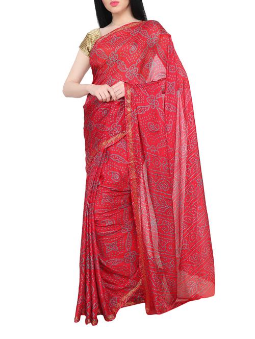 zari bordered bandhani saree with blouse - 14745395 - Very Small Image - 1