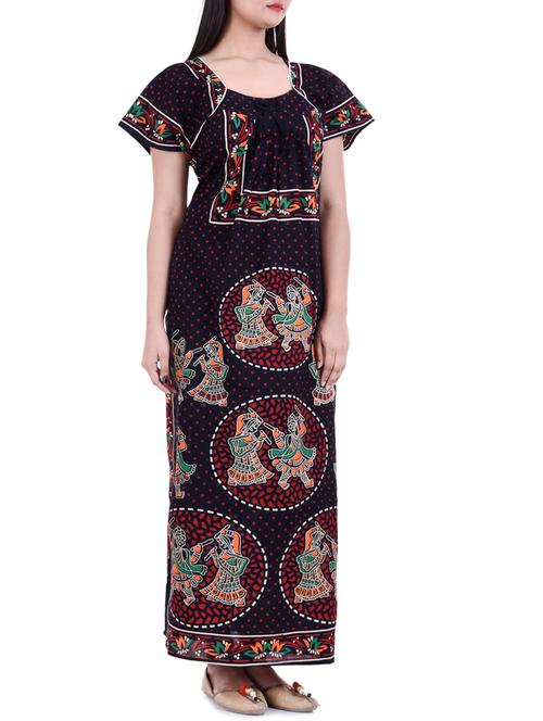navy blue printed cotton maxi gown - 14745478 - Very Small Image - 1