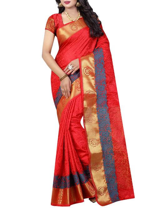 red cotton silk saree with blouse - 14747234 - Very Small Image - 1