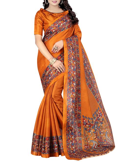 orange silk printed saree with blouse - 14747413 - Very Small Image - 1