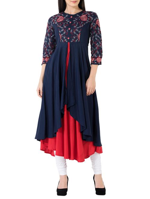 blue & red rayon layered kurta - 14753939 - Very Small Image - 1