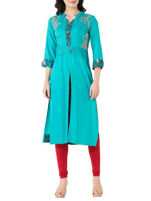 turquoise rayon straight kurta - 14753943 - Very Small Image - 1