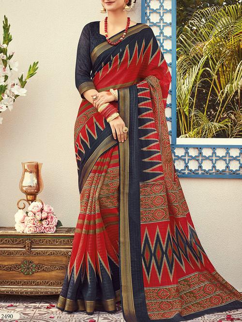 red silk printed saree with blouse - 14755520 - Very Small Image - 1