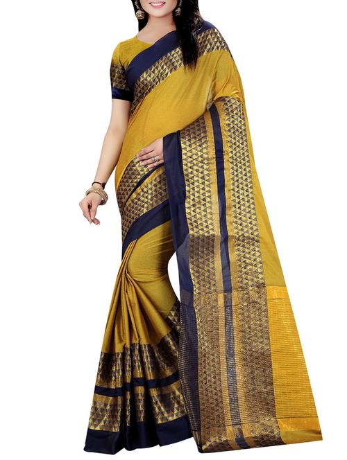 mustard cotton bordered saree with blouse - 14756395 - Very Small Image - 1