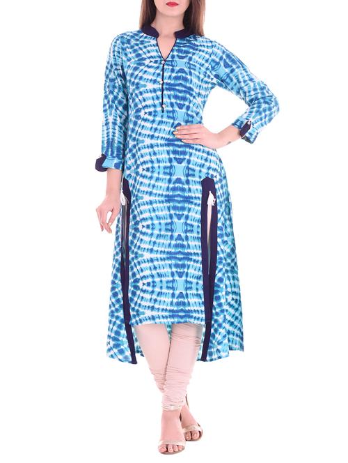 blue rayon high-low kurta - 14756570 - Very Small Image - 1