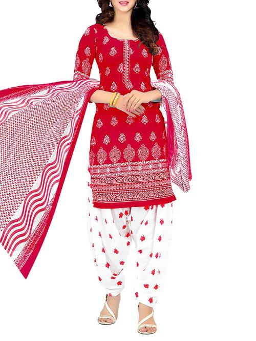 Red Patiyala Unstitched Suit - 14761807 - Very Small Image - 1