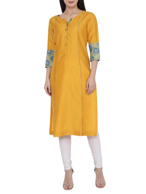 yellow silk straight kurta - 14762268 - Very Small Image - 1