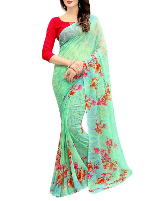green georgette printed saree with blouse - 14762440 - Very Small Image - 1