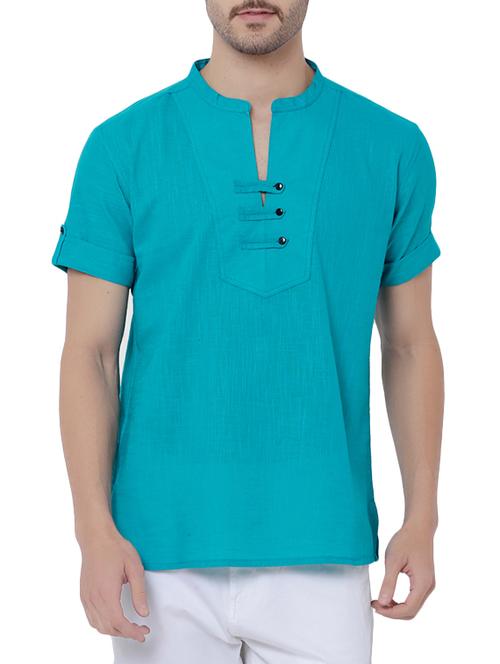 turquoise cotton short  kurta - 14763501 - Very Small Image - 1