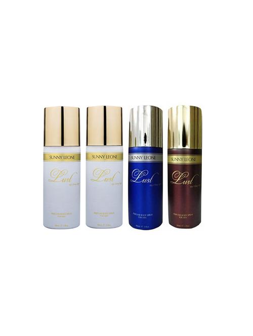 sunny leone two lust white and one lust blue and one lust brown perfume body spray combo for men (pack of 4) - 14772873 - Very Small Image - 1