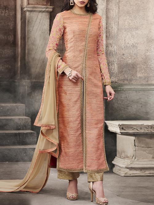 peach embroidered semi-stitched straight pant suit - 14773047 - Very Small Image - 1