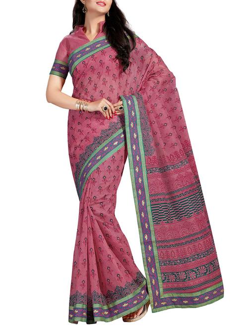 pink cotton printed saree with blouse - 14773121 - Very Small Image - 1