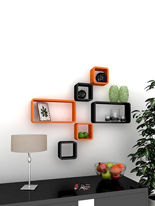 wall shelf set of six cube rectangle designer wall rack shelves - black & orange - 14774404 - Very Small Image - 1