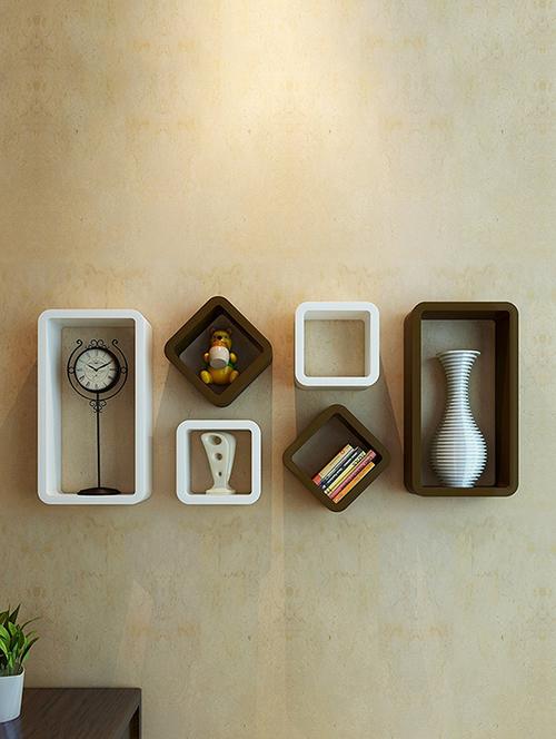 wall shelf set of six cube rectangle designer wall rack shelves - brown & white - 14774410 - Very Small Image - 1