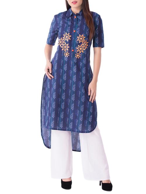 blue cotton highlow kurta - 14779005 - Very Small Image - 1